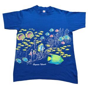 Vintage Cayman Islands Textile Prints Coral Reef Fish Nature AOP Shirt Sz Large